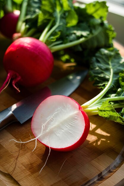 Koken met radijs verse radijs met bladeren op een snijplank