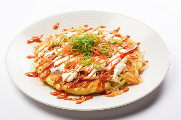 Koken okonomiyaki met gedroogde tonijn op witte achtergrond Aziatisch straatvoedsel Generatieve AI