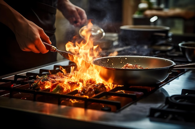 Foto koken op de pan op het vuur persoon