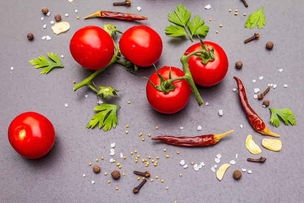 Koken steen met specerijen, kruiden, tomaten