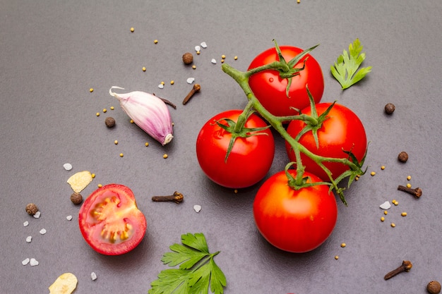 Koken steen met specerijen, kruiden, tomaten