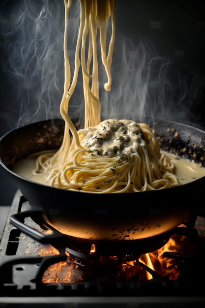 Kokende pan linguinepasta in roomkaassaus in een thuiskeuken op het fornuis Generatieve Ai