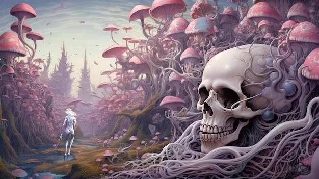 Kokoshnic Wavetracing Phantasmagorism with skulls and mushrooms