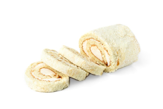 Kokosnoot biscuit roll koekje geïsoleerd op een witte achtergrond.