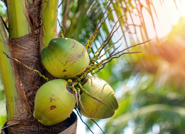 Kokosnoot groeit op een boom in de oogsttuin op eeuwige zonneschijn AI gegenereerd