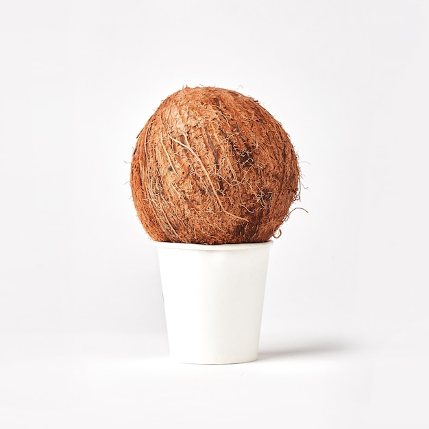 Foto kokosnoot in een kopje geïsoleerd, kokosijs