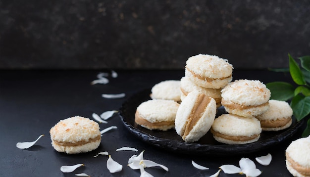 Kokosnoot macaroon koekjes op zwarte achtergrond met kopieerruimte Vers en heerlijk gebak