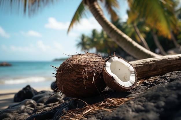Kokosnoot rustend op een strand omringd door palmbomen met Ocean Breeze Generative Ai