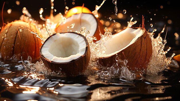 Kokosnoot valt in kokosolie en een scheutje olie op witte achtergrond