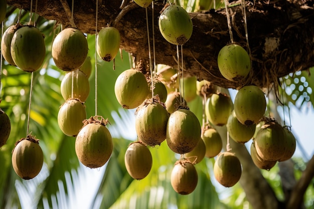 Kokosnoten die aan een boom hangen