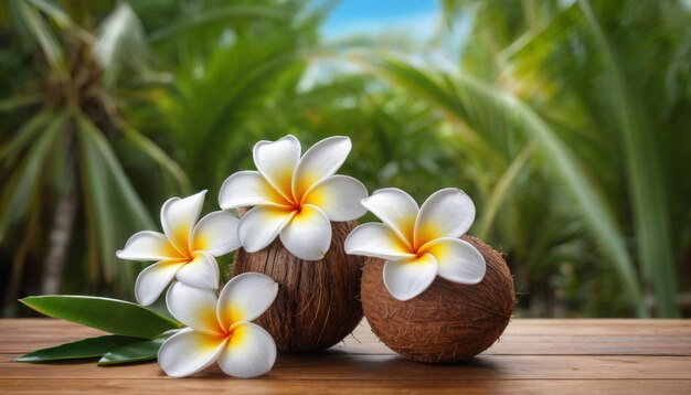 Kokosnoten en plumeria bloemen op een tropisch strand