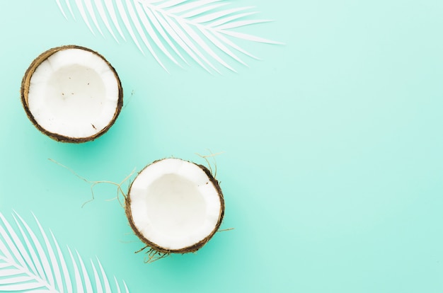 Foto kokosnoten met palmbladeren op tafel