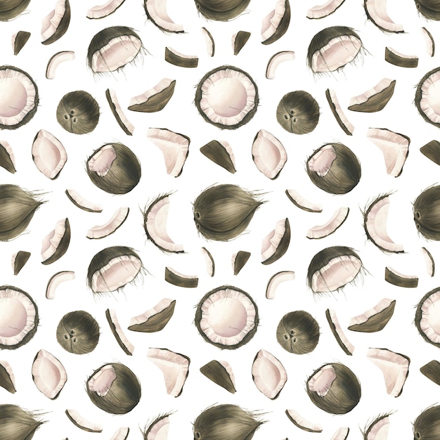 Kokosnoten zijn heel en gebroken in stukjes gesneden op een witte achtergrond Aquarel illustratie Naadloos patroon uit de COCONUT collectie Voor decoratie en ontwerp van stoffen behang verpakking