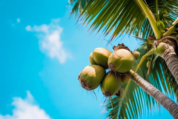 Kokospalm met kokosnoten op blauwe hemelachtergrond Generatieve AI