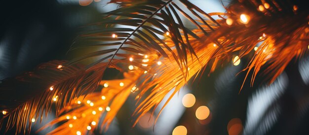 Kokospalmen bladeren met decoratieve verlichting voor een strandfeestzonsondergang met bokeh-licht