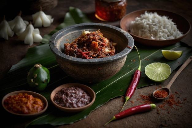 Kokossambal close-up op tafel met Sri Lankaans eten