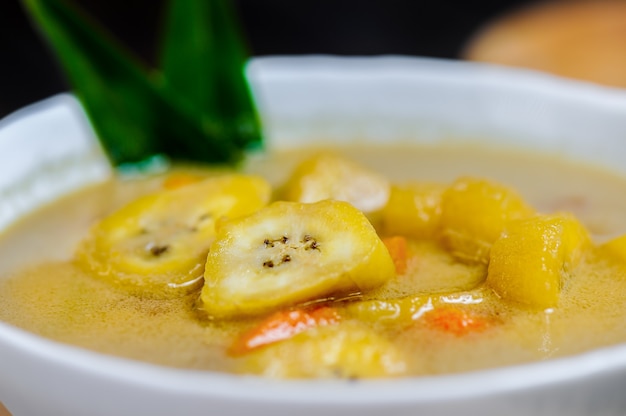 Kolak pisang or banana and sweet potato compote is popular Indonesian dessert made from banana