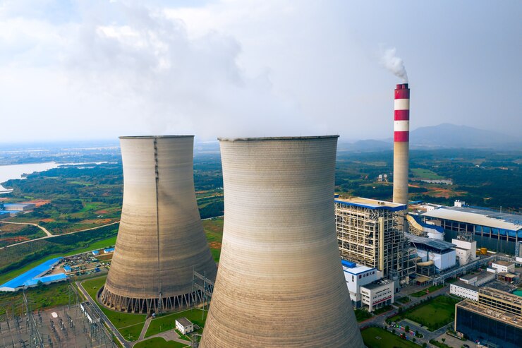 Kolengestookte krachtcentrale met koeltorens die stoom in atmosfeer vrijgeven