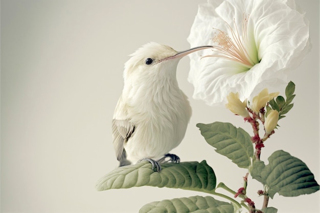 Kolibrie albino en witte hibiscusbloem gemaakt met generatieve AI-technologie