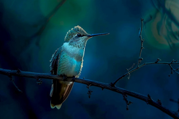 kolibrie die op een tak zit, verlicht door een zacht blauw licht in het midden van de duisternis.