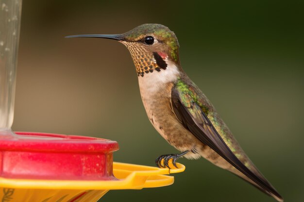 Kolibrie in de achtertuin waarschijnlijk een robijn met een voederbak