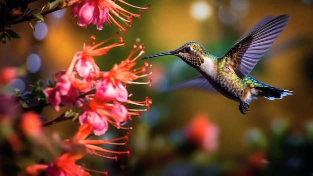 Kolibrie met een lange snavel Heliodoxa jacula-vogel die in de buurt van een bloemnectar zweeft Gegenereerde AI