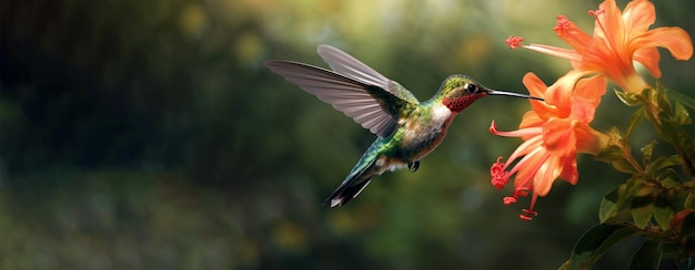 Kolibrie met een lange snavel Heliodoxa jacula-vogel die in de buurt van een bloemnectar zweeft Gegenereerde AI