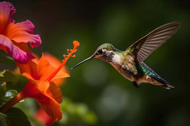 Kolibrie tijdens de vlucht bij een hibiscusbloem De kolibrie met zijn kleine formaat en snelle vleugels