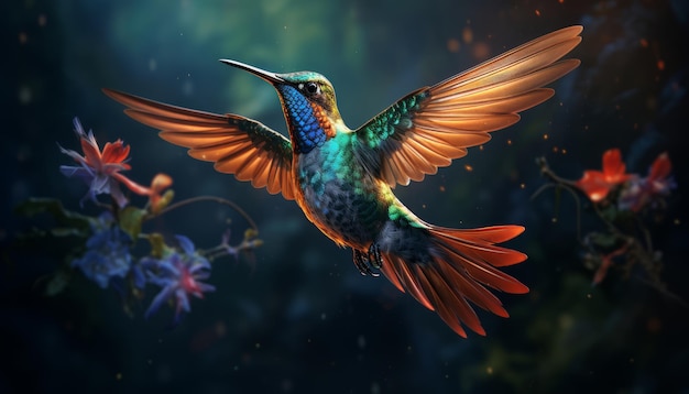 kolibrie vliegt met bloemen achtergrond generatieve AI