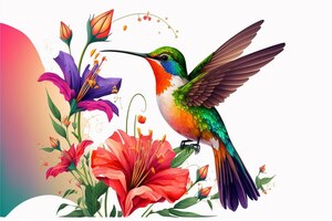 Foto kolibrie vogel in de buurt van een heldere bloem op een witte achtergrond cartoon
