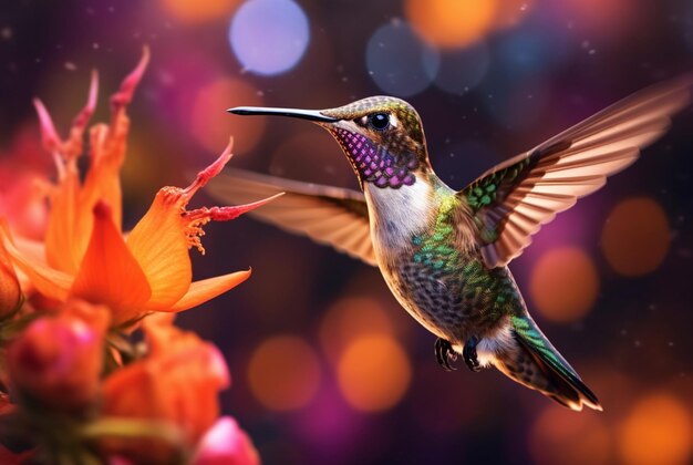 Kolibrie zweeft over kleurrijke met stuifmeel gevulde bloemen Generatieve AI