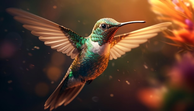 Kolibrie zweeft, spreidt vleugels uit, levendige kleuren, schoonheid in de natuur gegenereerd door kunstmatige intelligentie.