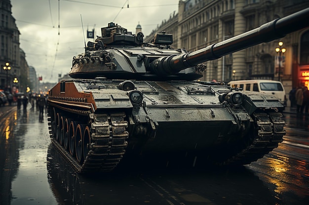 Kolom van militaire tanks op straat van de stad