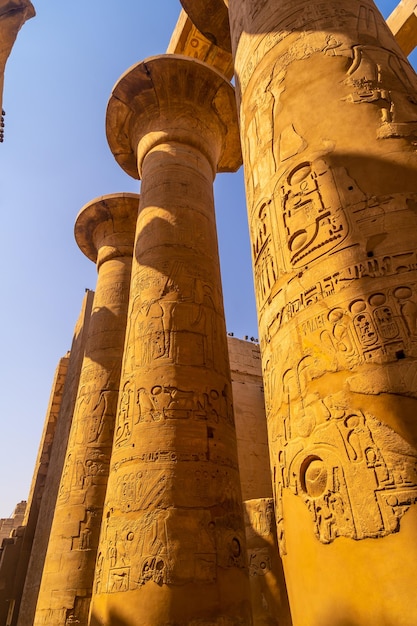 Kolommen met egyptische tekeningen van de tempel van karnak, het grote heiligdom van amun