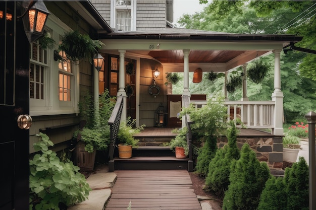 Koloniaal huis exterieur met houten veranda en lantaarns omgeven door groen