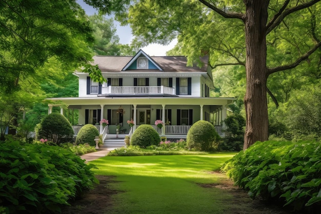 Koloniaal huis met omhullende veranda omgeven door weelderig groen