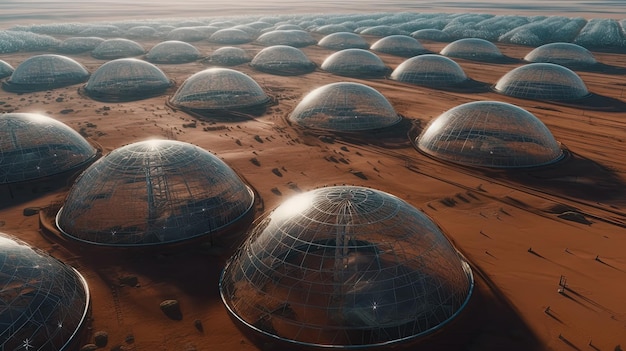 Foto kolonie op mars zoals planeet glazen koepels midden in de woestijn van mars futuristische landbouw