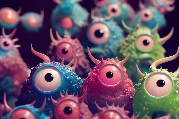 Kolonie van bacteriën selectieve focus biologische infectiecellen met griezelig gezicht leuke grappige microscopi