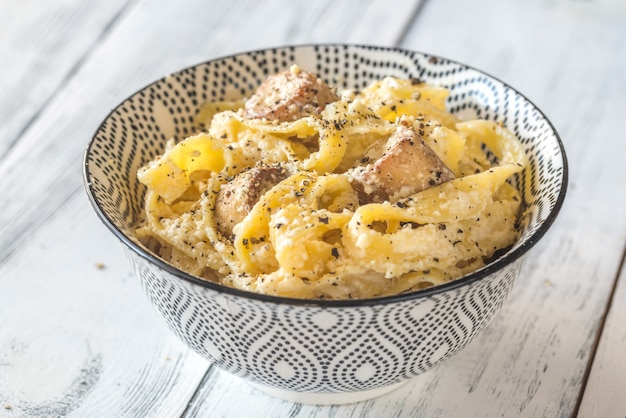 Kom Alfredo pasta met champignons