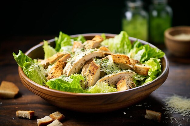 Kom Caesar salade met gegrilde zalmfilet en croutons