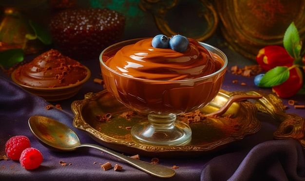 Kom chocoladepudding met twee blauwe bessen bovenop de kom Generatieve AI