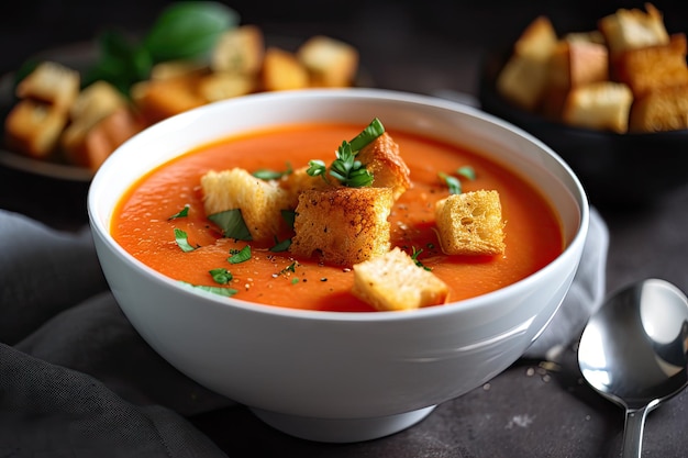 Kom gazpacho gegarneerd met croutons en garnituur