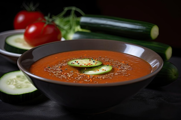 Kom gazpacho gevuld met gebarsten zwarte peper en gegarneerd met plakjes komkommer