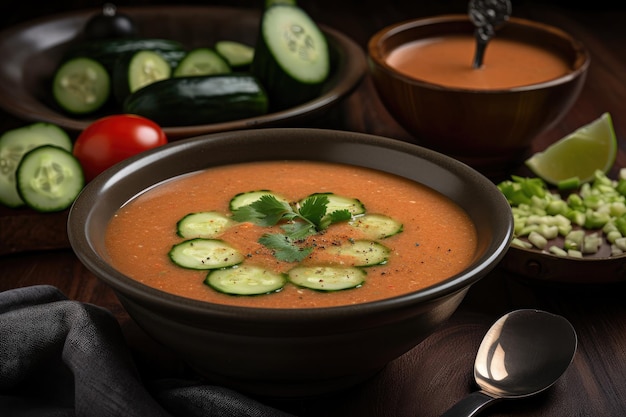 Kom gazpacho gevuld met gebarsten zwarte peper en gegarneerd met plakjes komkommer