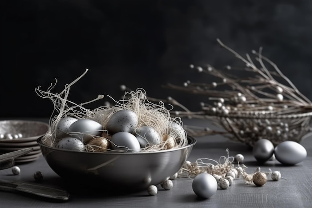 Kom gevuld met verse witte eieren op een houten tafel gemaakt met generatieve AI-technologie