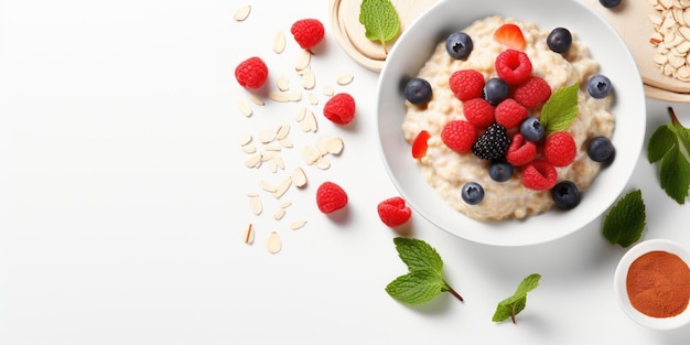 Kom havermout met fruit op witte achtergrond bovenaanzicht gezond ontbijt Generatieve AI