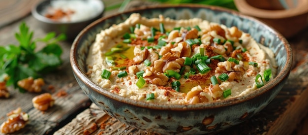 Kom hummus met gehakte groene uien