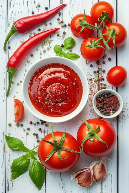 Foto kom met geperste tomaten met gesneden tomaten en aromatische specerijen op een witte houten achtergrond