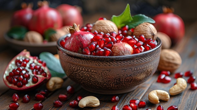 Kom met granaatappels en noten op een houten tafel