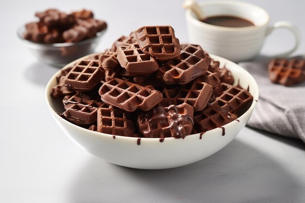 Kom met knapperige chocoladewafels op marmeren oppervlak